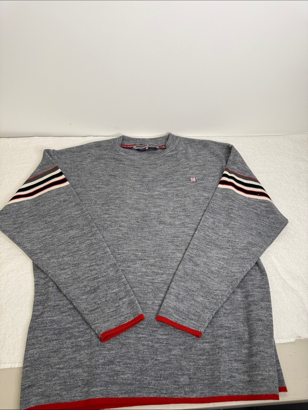 Men's Grey Crewneck Sweater with Red Trim and Sleeve Stripes